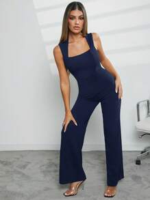 Hauture 纯色优雅无袖阔腿拉链连体裤 - 藍色 - 查看 6