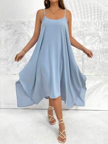 SHEIN Essnce Plus Size Women's Spring And Summer Fashion Elegant Comfortable Loose Vacation Asymmetrical Hem Blue Sling Mid-Length Dress,Sun Dresses For Women,Beach Outfits For Woman,Flowy Dress,Cruise Outfits Women,European Summer,Ibiza Outfits