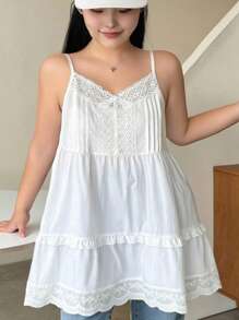 Dazy Plus Contrast Lace A-Line Long Casual Summer Tank Tops & Cami For Teen Girls,Ruffle