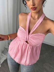 Débardeur femme avec nœud papillon élégant et corsage froncé - Rose bonbon - Voir 1