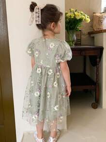 Hapijoa Young Girl Round Neck Short Sleeve Fashionable Summer Dress - Green - View 2