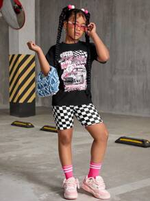 SHEIN 6pcs/Set Girls Casual Street Style Bear Racing Car Letter Graphic Print Short Sleeve Top And Shorts 2 Pieces Set