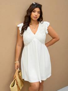Elaquor Abito da spiaggia casual oversize ricamato in pizzo patchwork con scollo a V e maniche corte a campana