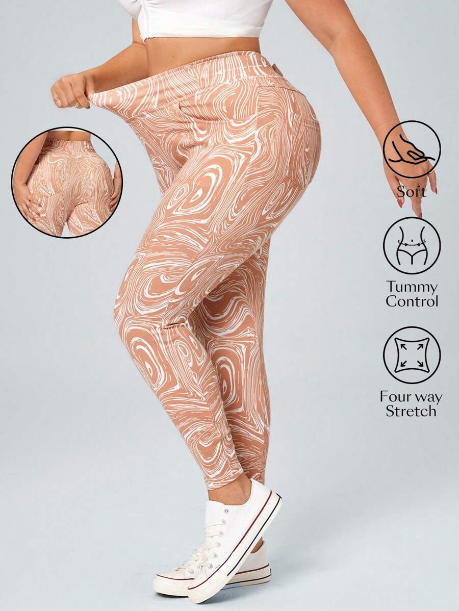 SHEIN Essnce Plus Size Knitted Denim Sports Style Leggings - Multicolor - View 1