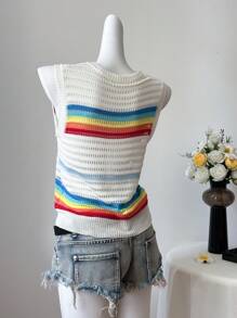 Comfortcana 女式多色条纹印花圆领休闲套头毛衣背心