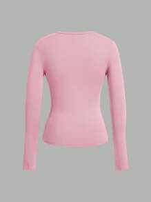SHEIN EZwear 3件套女士深V领紧身休闲长袖T恤套装，黑色/粉色/白色，适合秋冬 - 彩色 - 查看 13