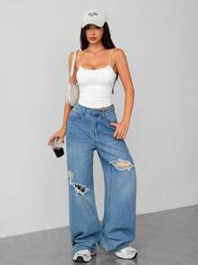 SHEIN EZwear Plus Size White Strap Cami Top With Cup Pad, College Student, Suitable For Spring And Summer - White - View 3