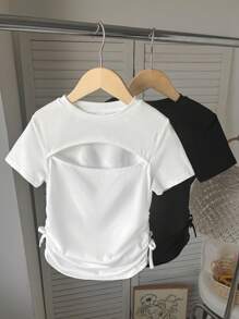 2pcs Tween Girl Casual Cutout Ruched Bowknot Hem Cropped T-Shirt, Short Sleeve Top, Back To School - Multicolor - View 5