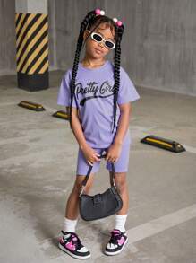 SHEIN 6pcs/Set Girls Casual Street Style Bear Racing Car Letter Graphic Print Short Sleeve Top And Shorts 2 Pieces Set
