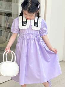 SHEIN Little Byeori Young Girls Sweet & Lovely Contrast Collar Puff Sleeve Dress - Multicolor - View 4