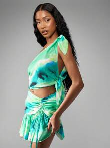 MISSGUIDED 单肩夏季扎染水彩背心短款无袖褶边节日音乐会派对俱乐部时尚吊带背心 - 彩色 - 查看 5