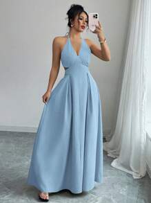 Elenzga Summer Vacation Style Lace-Up Solid Deep V-Neck Hollow Out Dress - Baby Blue - View 6