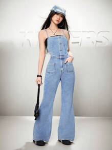 SHEIN EZwear Women's Denim Overall And Jumpsuit, Casual Fitted Strap Jumpsuit Flare Pants, Blue