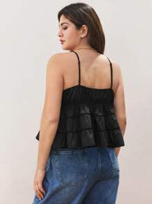 Maija 加大码黑色荷叶边下摆多层蛋糕吊带背心、夏季上衣、夏季、海滩、短款上衣、西部装、外出上衣、度假、办公室、商务休闲女装、毕业、欧洲夏季、夏威夷女装 - 黑色 - 查看 2