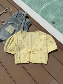 Sweetra Commuting Versatile Light Yellow Floral Embroidery Short Cardigan, Slim Fit, Lightweight - Yellow - View 4