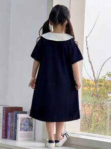 SHEIN Robe d'école pour jeune fille, style décontracté, ample, bleu, style résille, patchwork, col blanc, manches courtes, printemps/été - Bleu azur - Voir 2