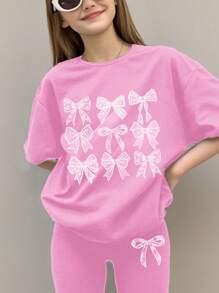 SHEIN Leap Crew 2pcs Tween Girls Casual Minimalist Short Sleeve Top And Pants Set, Suitable For Summer - Lilac Purple - View 3