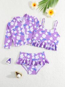 Baby Girl Long Sleeve Zipper Swimsuit & Triangle Bikini Set - Purple - View 1