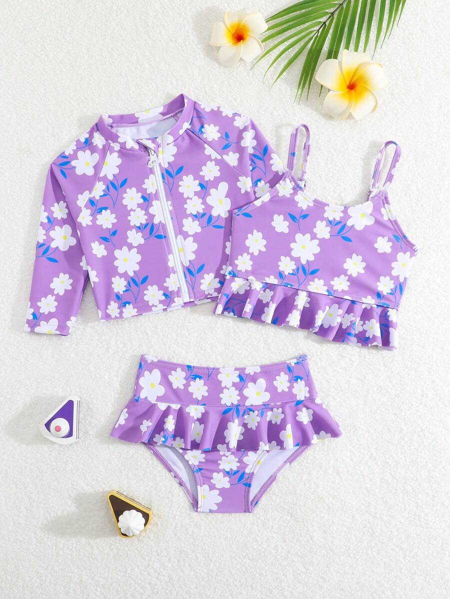 Baby Girl Long Sleeve Zipper Swimsuit & Triangle Bikini Set - Purple - View 1