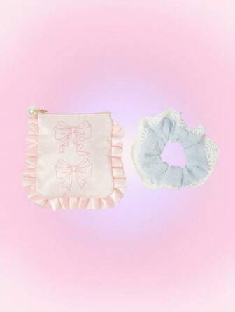 Kawaii Set de 2 bolsas, una de almacenamiento portátil de gran capacidad y otra de maquillaje, con lazo a lunares y encaje rosa, y una coletero a juego