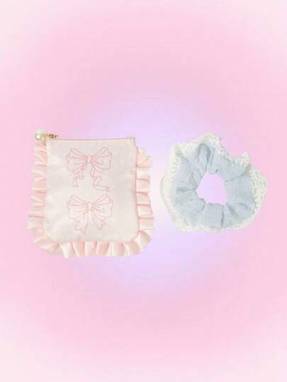 Kawaii 2pcs/Set Lovely Pink Lace Polka Dot Bow Decor Large Capacity Portable Storage Bag & Makeup Bag With Hair Scrunchie