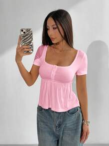 SHEIN EZwear Women's U-Neck Short Sleeve Solid Color Tee, Simple And Fashionable, Suitable For Summer Pink - Pink - View 3