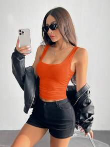 SHEIN PETITE Casual All-Match White Cami Top With Deep U-Neck And Racerback - Orange - View 6