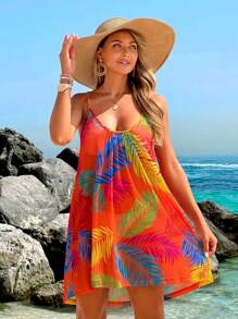 SHEIN Swim 女士海滩度假装热带植物印花无袖连衣裙和罩衫 - 亮橙色 - 查看 3