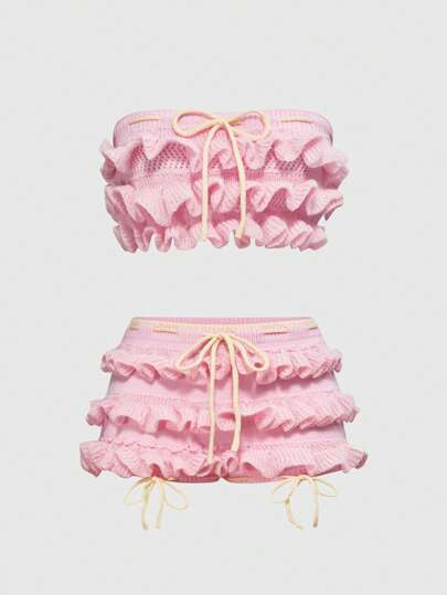 Kawaii 2pcs Set: Vintage Y2K Style Ruffle Hem Shorts & Sweet Women Sweater