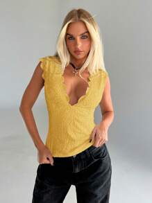 Aloruh Deep V Neck Lace Contrast Colour Backless Camisole, Minimalist And Fashionable, Suitable For Summer - Yellow - View 3