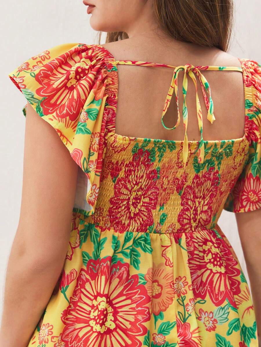 Maija Plus Size Summer Tropical Print Square Neck Ruffle Sleeve Babydoll Top For Women Elegant And Fashionable Bohemian Beach Holiday Style Casual Ruffle Loose,Summer Tops,Summer,Beach,Crop Tops Women,Western Wear Women,Going Out Tops,Vacation Woman,Office,Business Casual Women,Graduation,European Summer,Hawaii