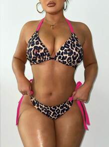 Swim SXY Plus Size Summer Vacation Beach Leopard Print Halter Bikini Set - Hot Pink - View 4