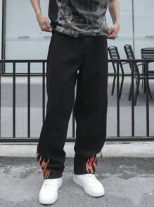 Manfinity Roghcode 男式休闲撞色火焰印花牛仔裤 - 黑色 - 查看 4