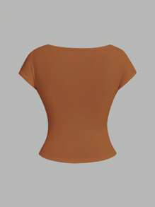 SHEIN Essnce 4 件套简约纯色豹纹圆领露背镂空紧身 T 恤，适合夏季女士 - 彩色 - 查看 4