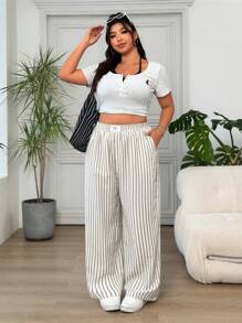 Solflare Quần ống đứng kẻ sọc cỡ lớn, tối giản & thời trang, phù hợp cho mùa hè - Màu be - Xem 5