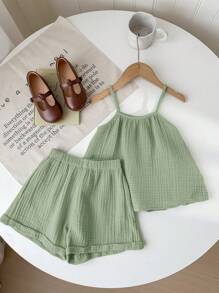 SHEIN LMoss Kids 年轻女孩夏季休闲宽松背心和阔腿荷叶边短裤两件套 - 綠色 - 查看 3