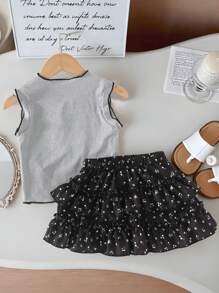 2pcs Girls Set: Bow Applique Tank Top With Ruffle Hem + Cute Cake Skirt - Grey - View 2