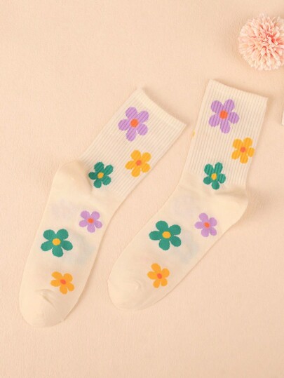 Caroline Law 1 Pair Colorful Floral Cute School Style Mid-Calf Socks For Women