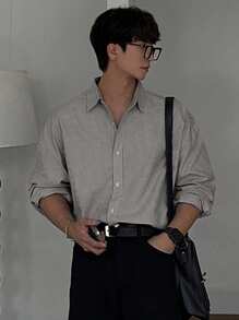 DAZY 男士休闲条纹衬衫，适合通勤和夏季，秋季长袖男士衬衫 - 黑色 - 查看 4