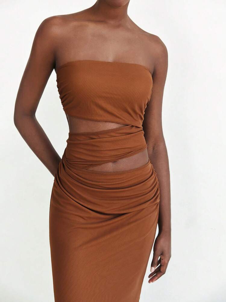 SHEIN Maija Brown Hollow Out Pleat Decor Dress For Women, Slit Design Slim Fit Urban Chic Style, Essential For Spring/Summer, Fashion & Minimalist