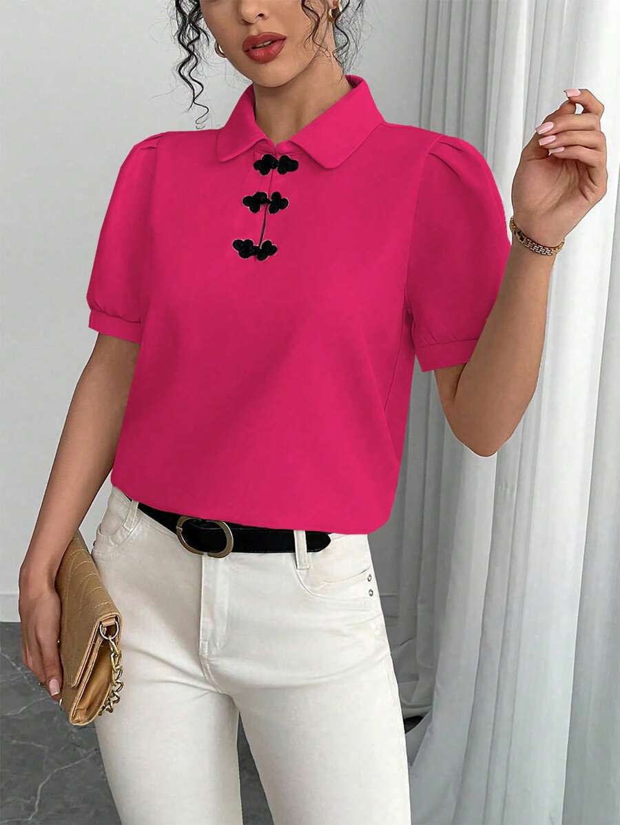 SHEIN Unity 复古中国风纽扣装饰短袖衬衫 - 玫紅色 - 查看 1