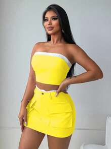 Zolique 2 Pieces Set: Contrast-Trim Bandeau Crop Top & Pocket Skirt - Yellow - View 6