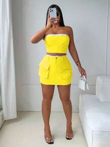 Zolique 2 Pieces Set: Contrast-Trim Bandeau Crop Top & Pocket Skirt - Yellow - View 7