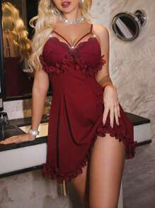 SHEIN Women's Lace Patchwork Pleated High-Waist Jacquard A-Line Slip Dress - Maroon - View 3