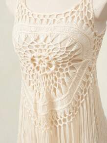 SHEIN MOD Apricot Floral Front Fringe Hem Vacation Knit Swimsuit Cover Up,Beach,Bohemia,Western,Vacation ,Crochet  Smock,Country Concert Outfit - Apricot - View 5