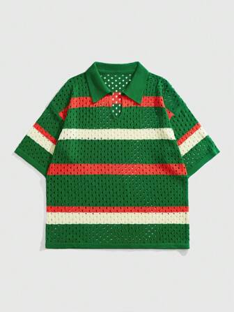 Casual Men Spring/Summer New Fashion Color Blocking Knit Short Sleeve Top, Vacation