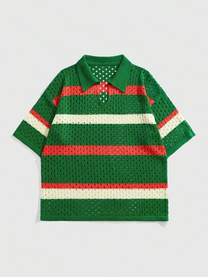 Street Life ملابس علوية حياكة بأكمام قصيرة مع تقسيم الألوان، موضة جديدة للربيع والصيف