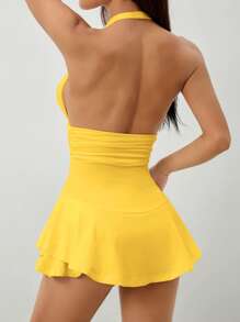 SHEIN PETITE 女式露背高弹力腰A字下摆荷叶边紧身连体裤