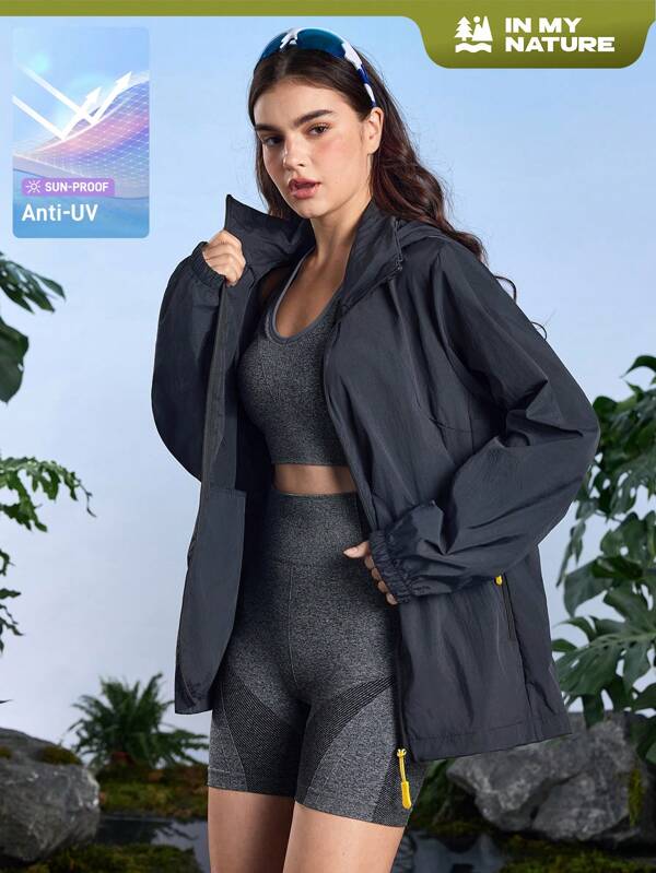 In My Nature In My Nature Veste à capuche de protection solaire zippée à manches longues et couleur unie pour femmes, vêtements pour randonnée
