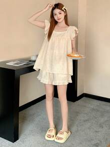 DAZY 波尔卡圆点印花荷叶边女式睡衣套装